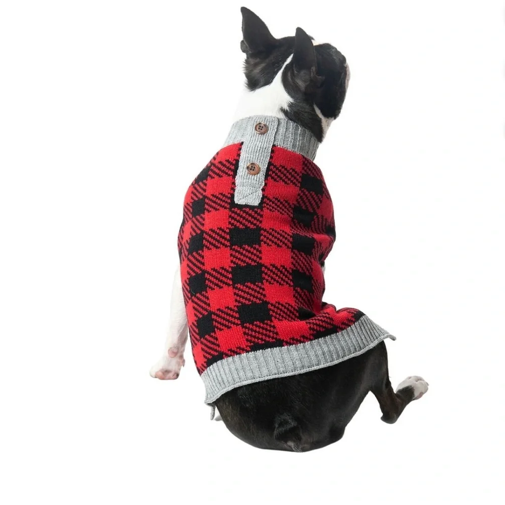 Dog/cat/pet sweater buffalo red black plaid Small 13in back length.